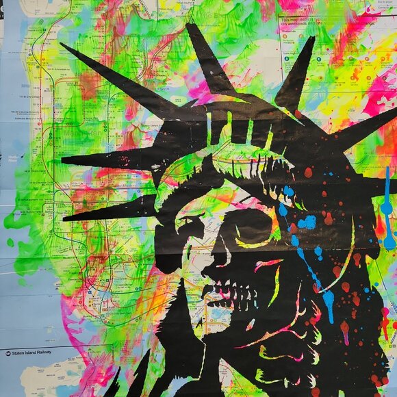 Handpainted Zombie Statue of Liberty Unique acrylic Artwork on a NYC Subway Map - Picture 5 of 9